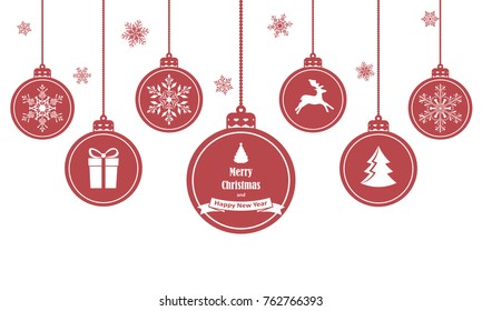 Set of red hanging christmas balls with symbols such as snowflake, deer, gift and Christmas tree, isolated on white background. Vector illustration.