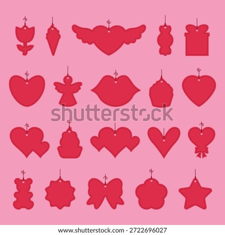 Set of red hanging heart and love-themed gift tags on pink background. Cute decorative labels for Valentine’s Day, romantic branding, packaging, greeting cards, and holiday design.