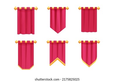 Set red hanging medieval banner flag with cloth texture and golden decoration in cartoon style isolated on white background. Ui game asset, heraldic design element,