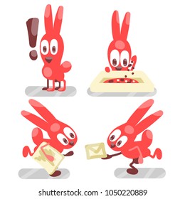 Set of red hares. Courier, mail carrier, exclamation mark, cook. The image is isolated. Vector