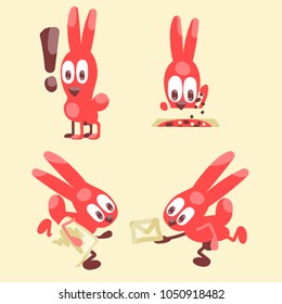 Set of red hares. Courier, mail carrier, exclamation mark, cook. The image is isolated. Vector