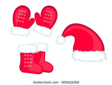 Set, Red hat of Santa Claus, mittens, felt felts, socks with white fur. Merry Christmas Happy New Year.
Festive vector illustration white background in cartoon style.
