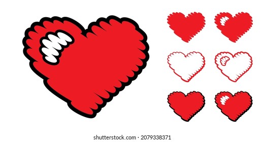 Set of red hatching hearts with glare isolated on a white background. Outlines of hatching hearts are perfect for Valentine's Day stickers, icons and gift certificates