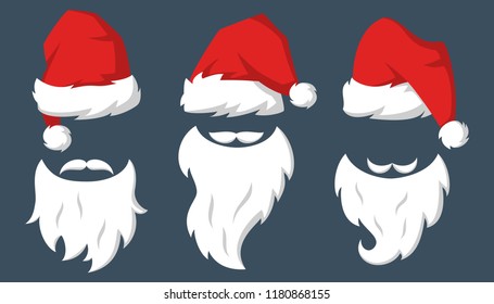 Set of Red hats and beards of Santa Claus. Vector illustration.