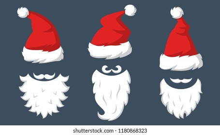 Set of Red hats and beards of Santa Claus. Vector illustration.