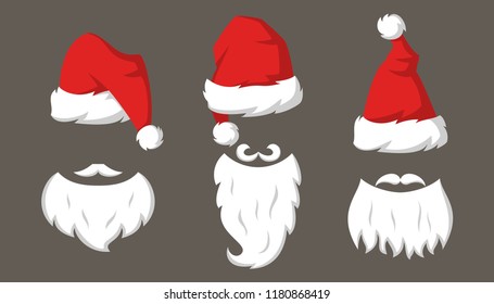 Set of Red hats and beards of Santa Claus. Vector illustration.