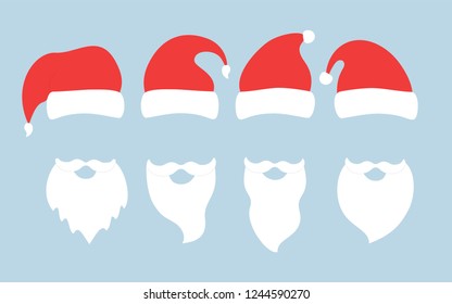 Set of Red hats and beards of Santa Claus. Vector illustration.