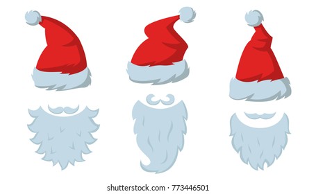 Set of Red hats and beards of Santa Claus on the white background. Vector illustration.