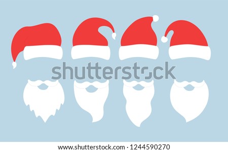 Set of Red hats and beards of Santa Claus. Vector illustration.