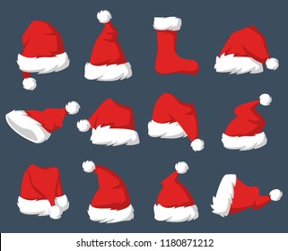 Set of Red hats of Santa Claus. Vector illustration.