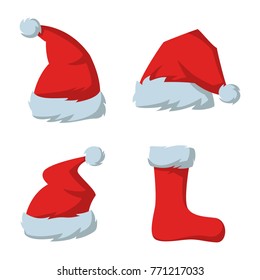 Set of Red hats of Santa Claus on the white background. Vector illustration.