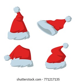 Set of Red hats of Santa Claus on the white background. Vector illustration.