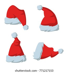 Set of Red hats of Santa Claus on the white background. Vector illustration.