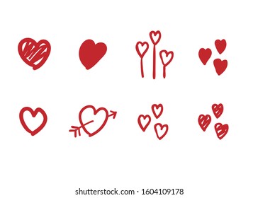 Set of red heart doodle. Valentine's day. Vector illustration.