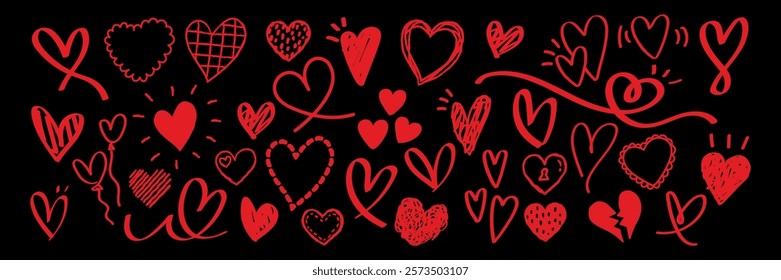 A set of red heart doodles on a black background. Various heart shapes, red hearts, and heart doodles create a lively, romantic pattern. Heart-themed design. Cute hand drawn Valentine's Day vector.