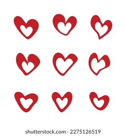 Set Red Heart Drawing Isolated On White Background. Vector Illustration