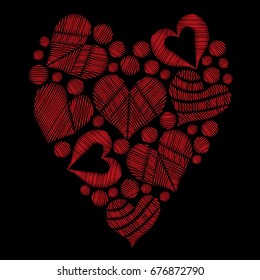 Set red heart embroidery stitches imitation in the heart form on the black background. Vector embroidery love symbol for card, invitation, posters, texture backgrounds, placards, banners.