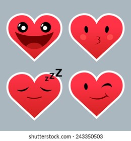 Set of red heart emoticons with different expressions