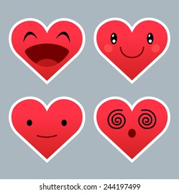 Set of red heart emoticons with different expressions