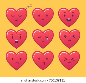 Set of red heart emoticons. Vector emoji on yellow background.
