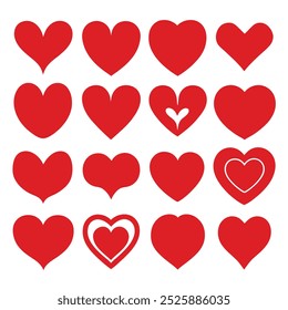 Set of Red Heart Flat Cartoon Icons.