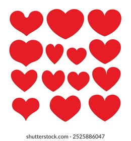 Set of Red Heart Flat Cartoon Icons.