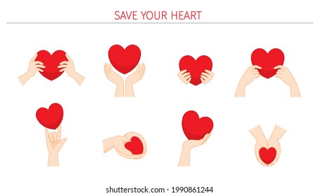 Conjunto De Corazón Rojo En Las Manos, Corazón Humano Con Cuidado Y Tensión, Salven Tu Corazón, Amor Y Día De San Valentín