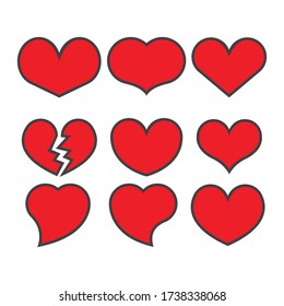 conjunto de colección de iconos de corazón rojo con línea negra, símbolos de amor - Vector