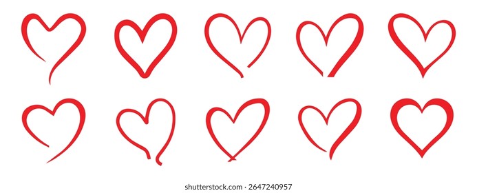 Set of red heart icon set. Hand drawn textured hearts love concept signs. Scribble ink red heart shapes. Vector design.