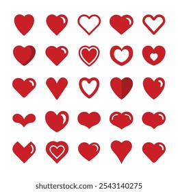 Set of Red Heart Icons - Collection of Love and Heart Symbols in Various Styles.