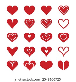 Set of Red Heart Icons - Collection of Love and Heart Symbols in Various Styles.