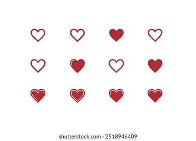 Un conjunto de iconos de corazón rojo en diferentes estilos, ideal para expresar amor, romance, salud, cuidado y emociones en varios proyectos de diseño como redes sociales, Sitios web y tarjetas de felicitación.