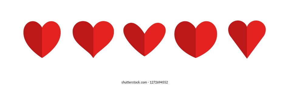 Set of red heart icons in flat style