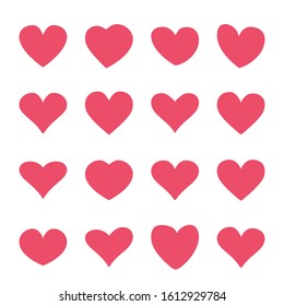 Set of red heart icons in a flat design