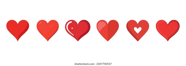 Set of red heart icons in flat style isolated on white background. Vector illustration