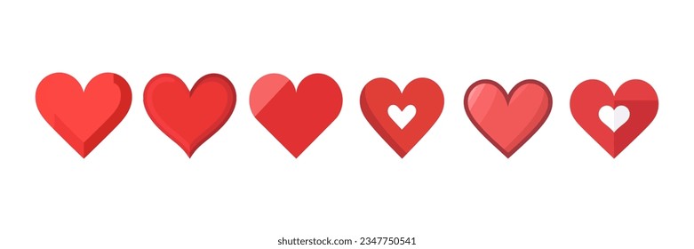 Conjunto de íconos rojos del corazón en un estilo plano aislado en el fondo blanco. Ilustración del vector