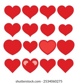 Set of Red Heart Icons - Flat Love and Romance Symbols.