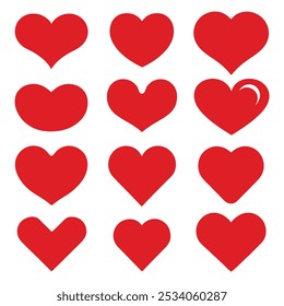Set of Red Heart Icons - Flat Love and Romance Symbols.