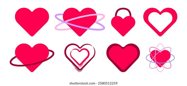 Set of red heart icons. Love heart signs in different styles. Vector illustration isolated on white background.