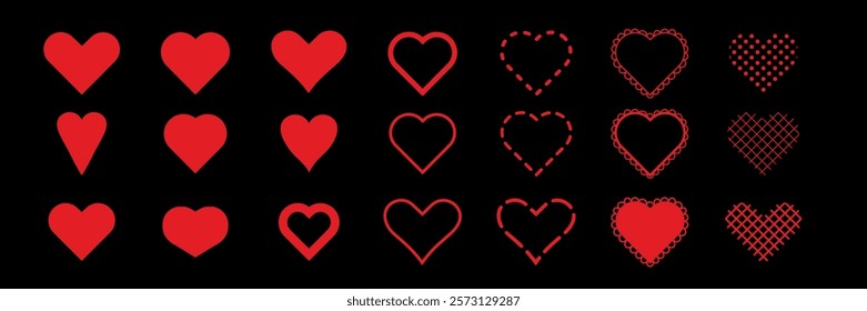 Set of red heart icons on black background. Various heart designs, red hearts, heart shapes. Perfect for Valentine's Day, love themes, romantic designs. Valentine's Day elements, vector set.