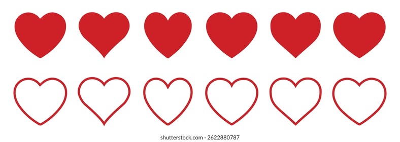  Set of red heart icons in solid and outline styles. Ideal for Valentine's Day, love themes, romantic designs, apps, greeting cards, and UI elements. Heart icon, red heart, heart vector, icons.