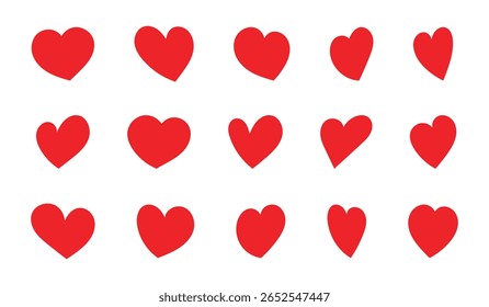 Set of red heart icons in various styles on white background. Perfect for Valentine’s Day cards, love-themed designs, romantic decorations, wedding graphics, and social media stickers.