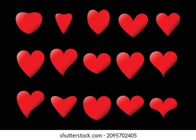 Set of red heart icons. Vector illustration. Red Heart Shapes on White Background. Love symbols. Flat Heart Silhouettes Vector. Vector illustration Design Elements Set.