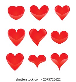 Conjunto de iconos de corazón rojo. Ilustración vectorial. Formas de corazón rojo en fondo blanco. Símbolos de amor. Vector de siluetas de corazón plano. Ilustración vectorial Juego de elementos de diseño.