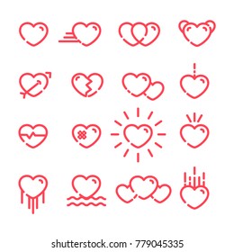 Set of red heart outline icon with different shape vector illustration.