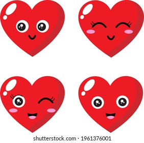 Set of red heart shape character. Collection of expression of love vector illustration for icon, logo, symbol, buttons, emoticon