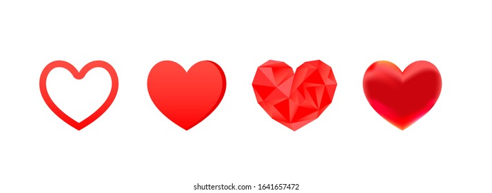 Set red heart shape decor isolated on white background for holiday banner, poster or voucher greeting card.