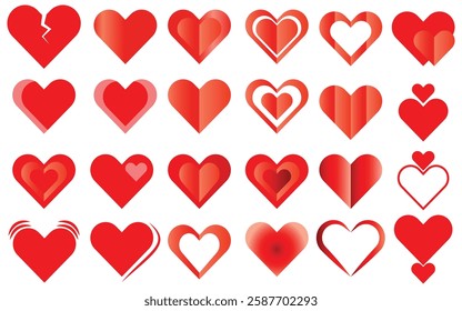 Set of red heart shape icon. Vector simple love shape drawing.