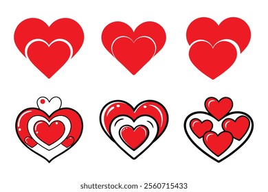 set of red heart shape with ribbon,valentine concept vector icon illustration on white background.	
