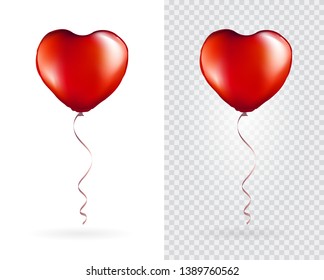 Set of Red Heart Shaped foil balloons on transparent white background. Party Balloons event design decoration. Mockup for balloon print. Vector.